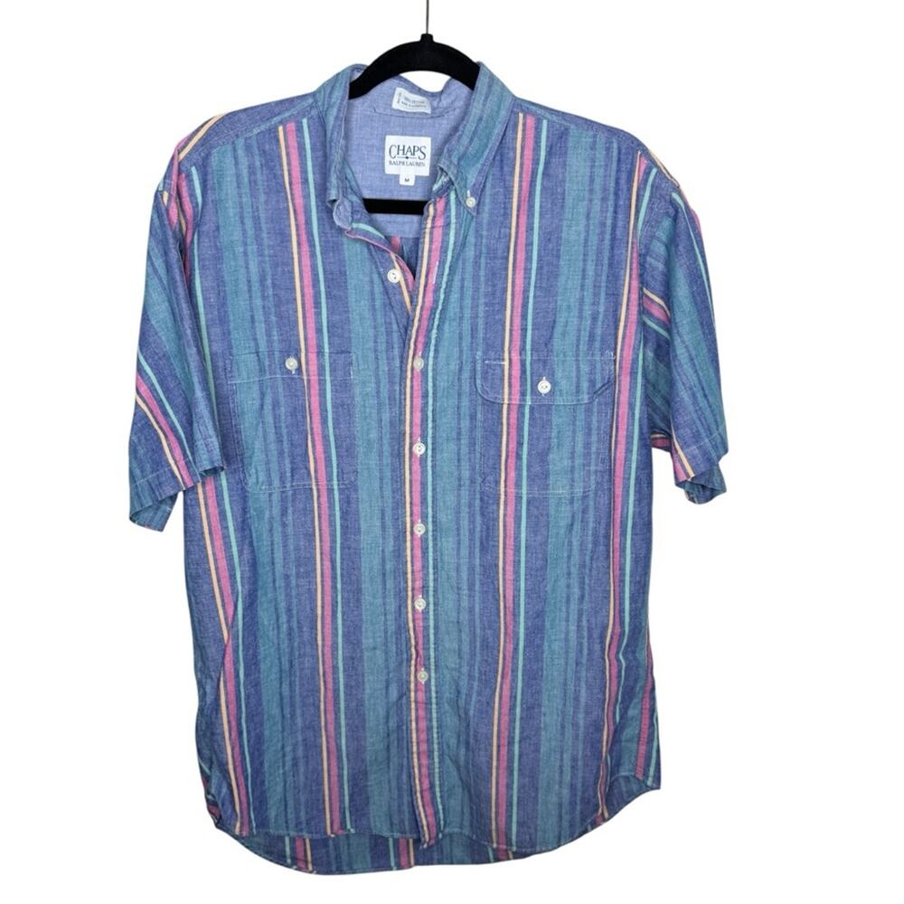 CHAPS RALPH LAUREN / vintage blue pink green striped button down shirt / M